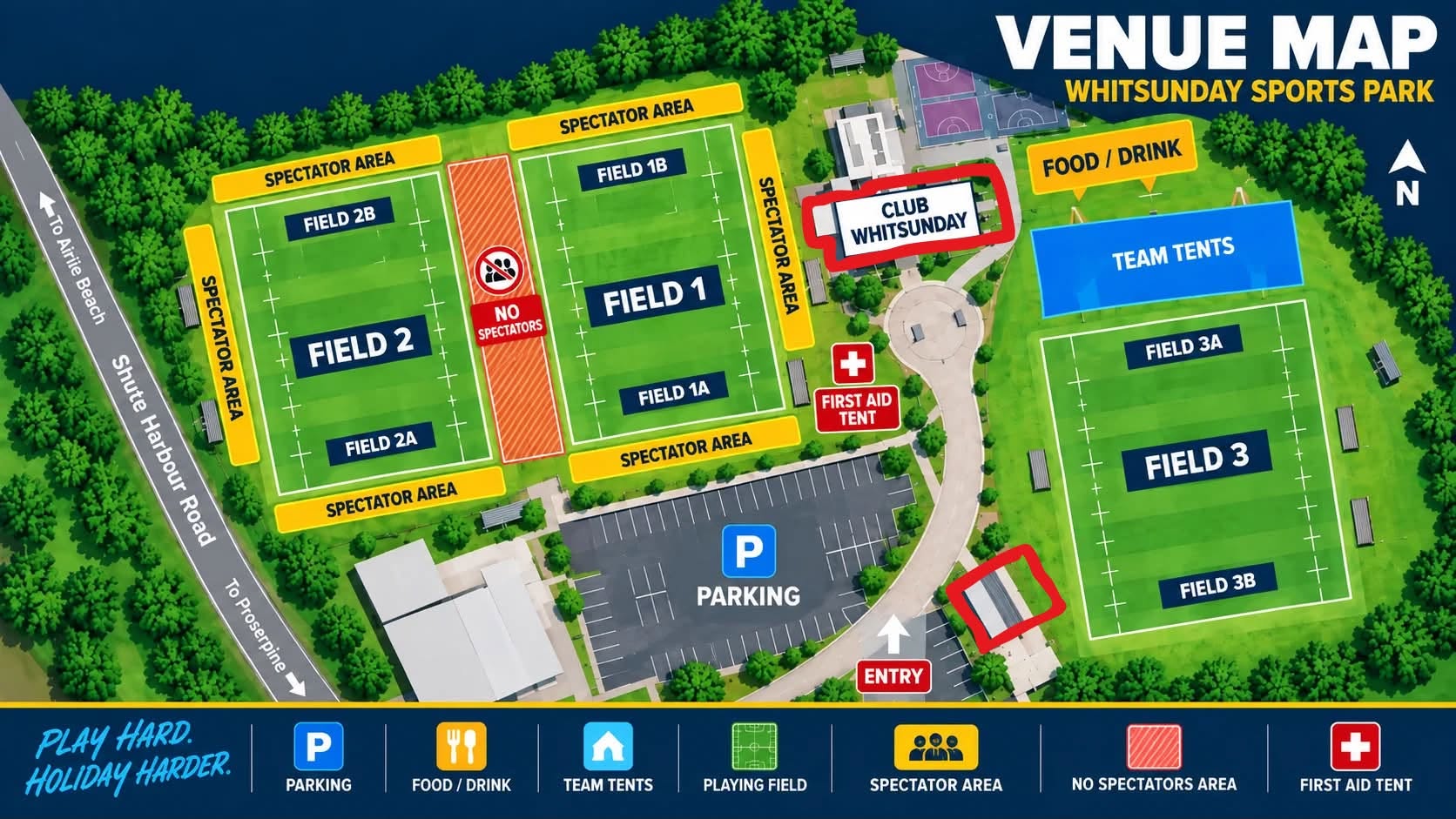 Viking Cup 10s 2026 Whitsunday Sportspark venue map, with designated alcohol areas outlined in red near Club Whitsunday and the entry beside Field 3